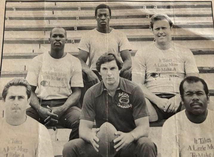 The 1981 Delaware State football coaching staff. Staff 1981 Shown are in front (l-r) Herky Billings, offensive coordinator/running backs coach; Joe Purzyciki, head coach/linebackers coach; Bill Collick, defensive line coach; (in back) Greg McLaurin, defensive backs coach; Walt Tullis, receivers coach; and Jeff Cannon, offensive line coach. SUBMITTED PHOTO